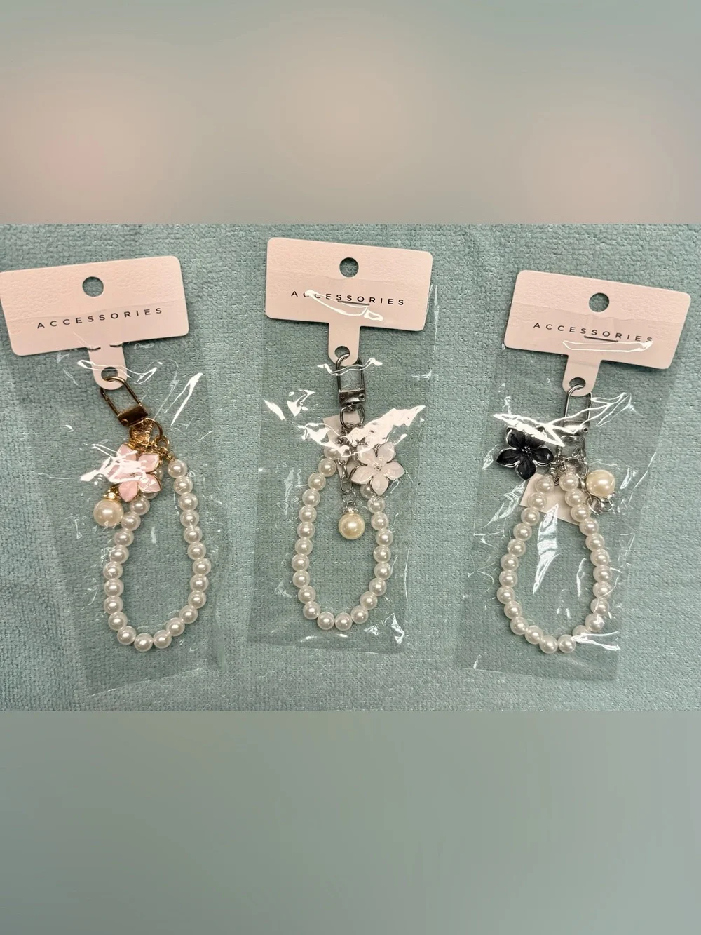 Pearl Beaded Charm/Keyring - Pink, White or Black Flower Accents New